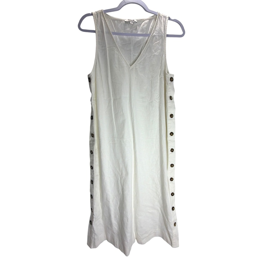 Madewell Ivory Linen Blend Side Button V-Neck Shift Midi Dress Womens Medium